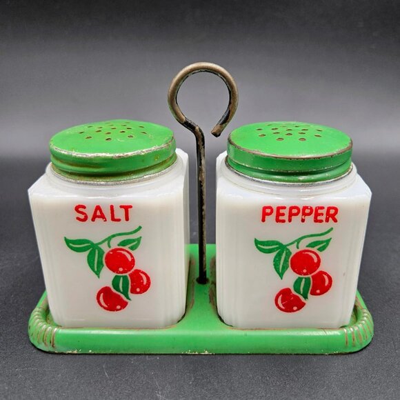 Vintage Tipp USA Red Cherries Salt And Pepper Shakers Milk Glass Green Lid Metal - Picture 1 of 16